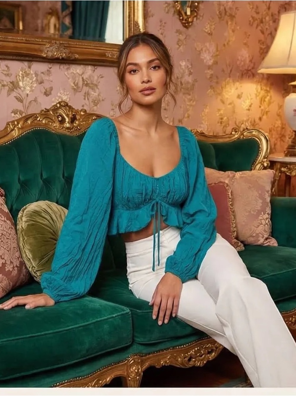 Majorelle XS Teal Swiss Dot Long Sleeve Crop Top Smocked Back